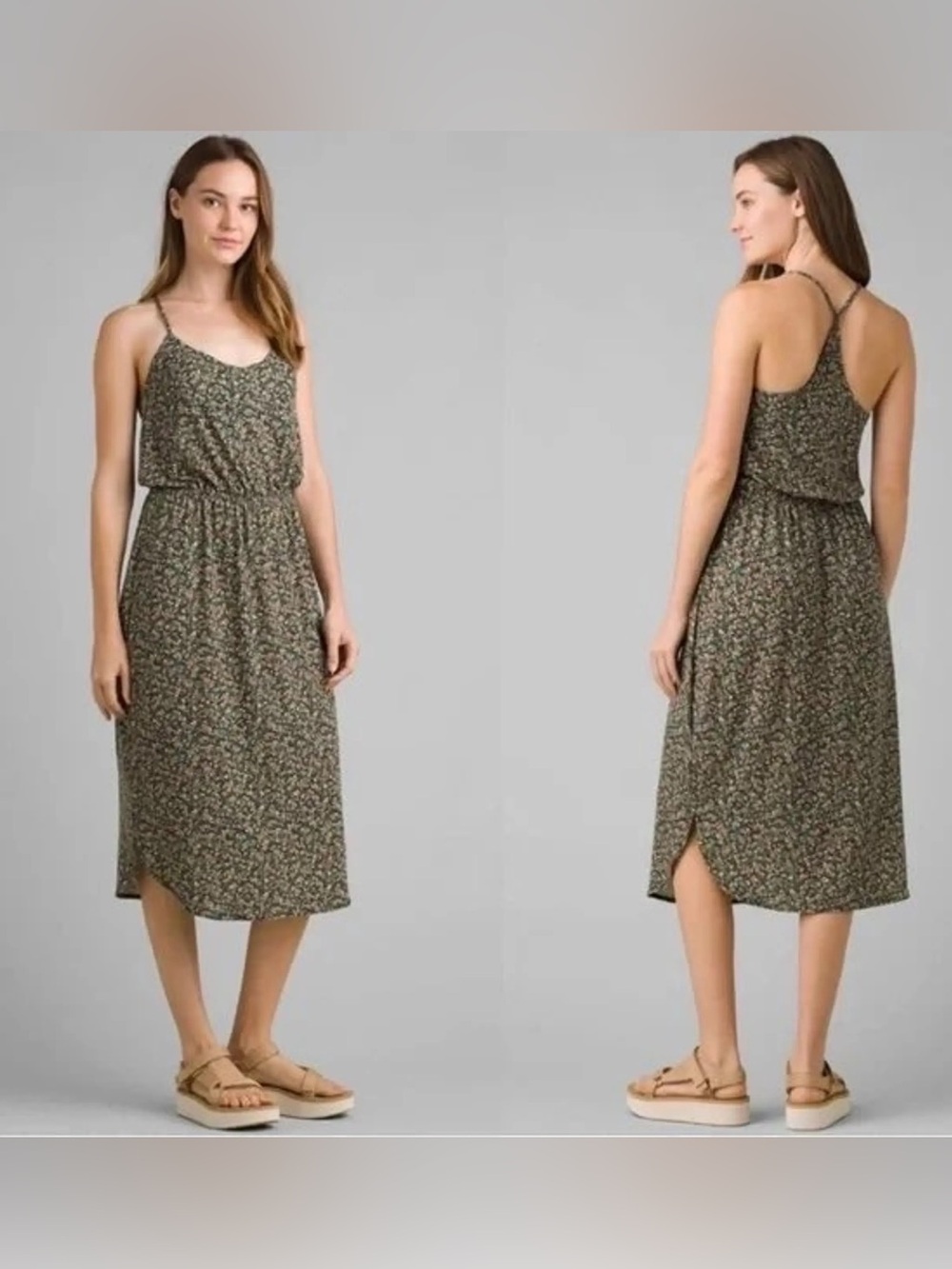 Prana Olive Green Floral Spaghetti-Strap Midi Dress
